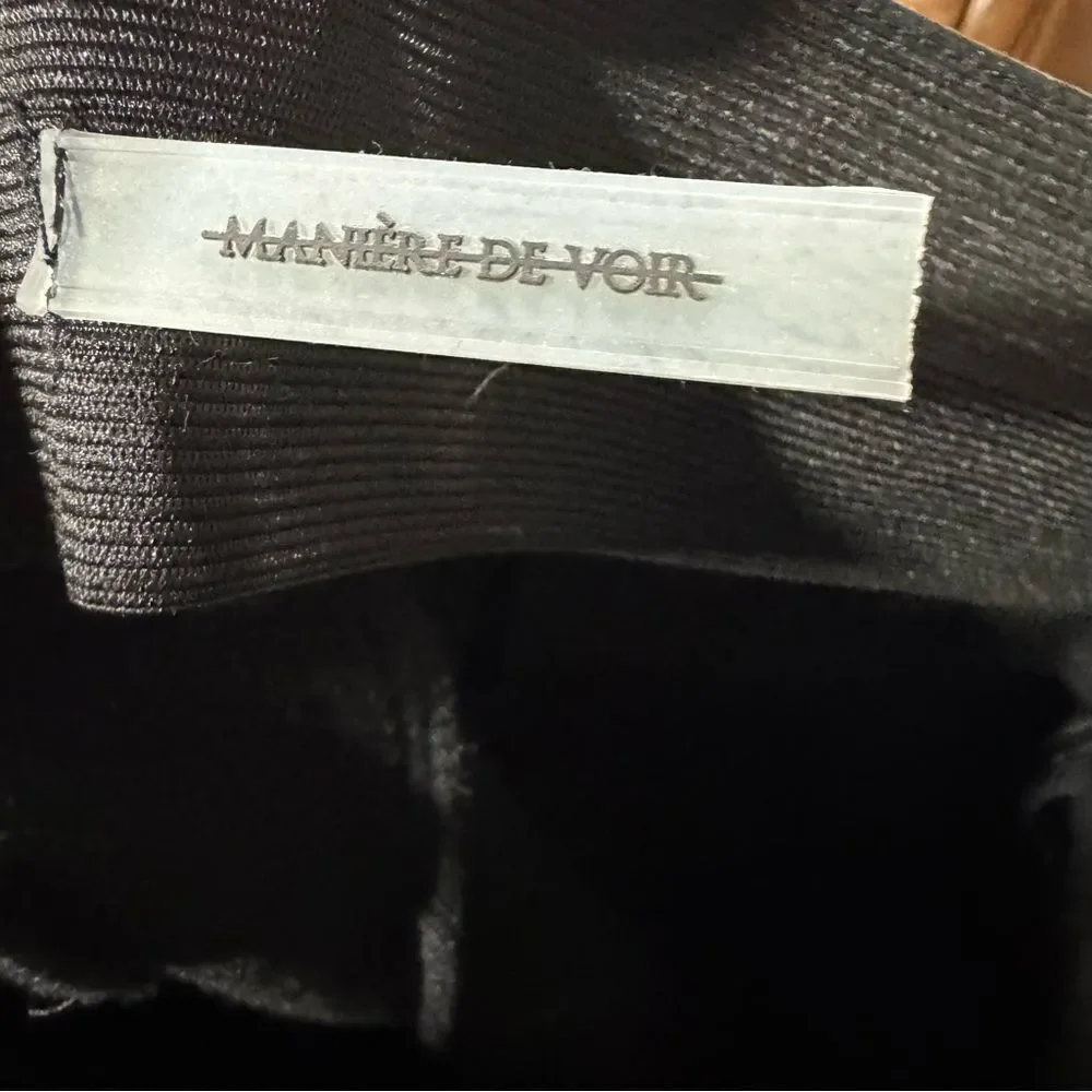 Maniere De Voir Black Jogger Faux Leather Trim Pants with Drawstring Ankle SZ 10
